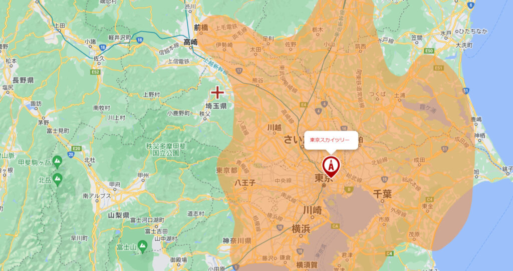 東京スカイツリーの受信エリアのめやす(NHK・広域民放)