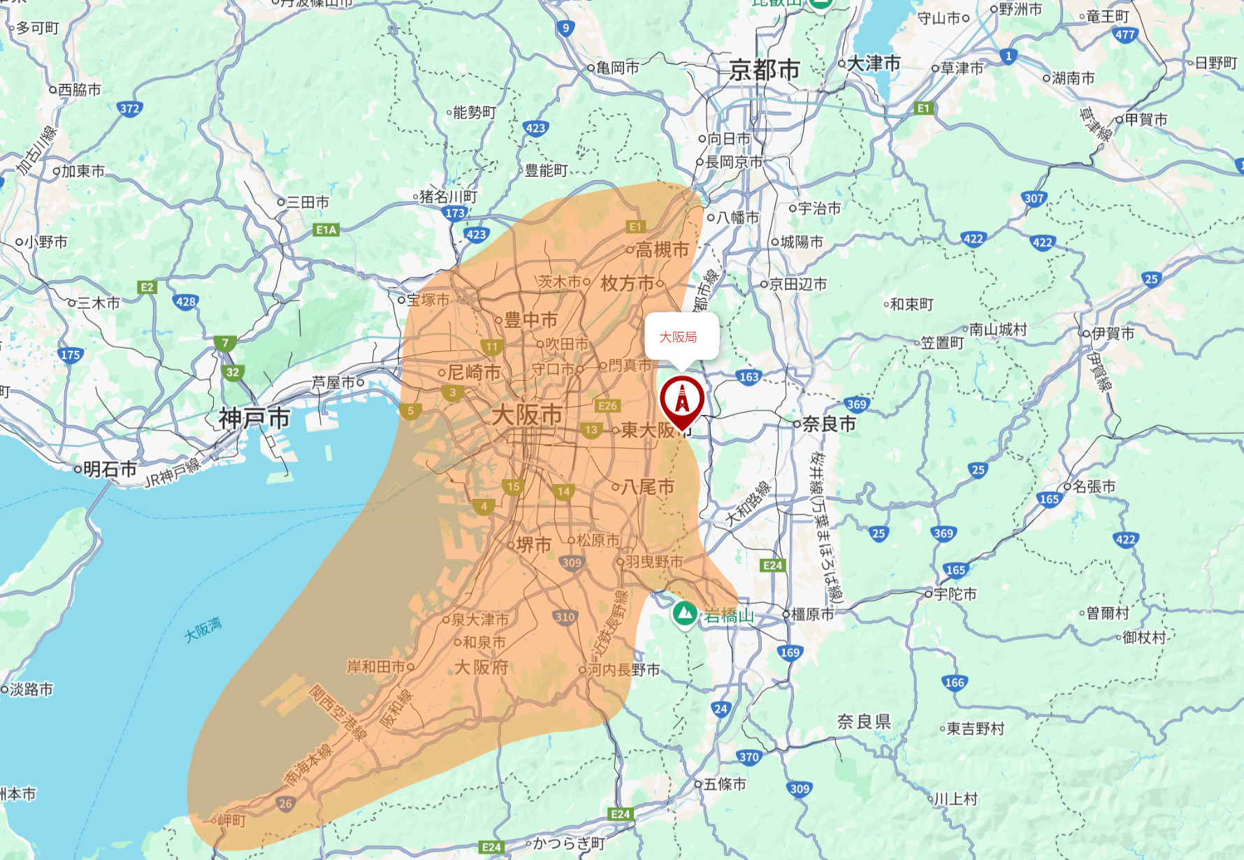 大阪局からのテレビ大阪の電波受信範囲