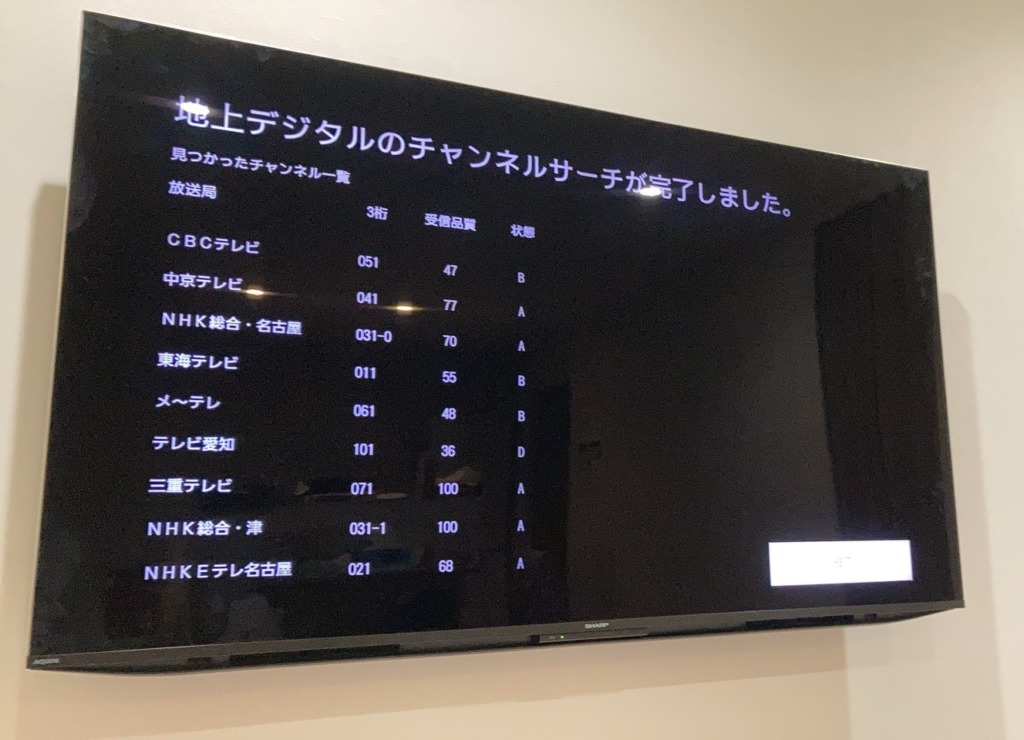 地上デジタルのチャンネルサーチ完了画面。CBCテレビ、中京テレビ、NHK、テレビ愛知、三重テレビなどの受信品質と、AからDまでの状態ランクが表示されている。